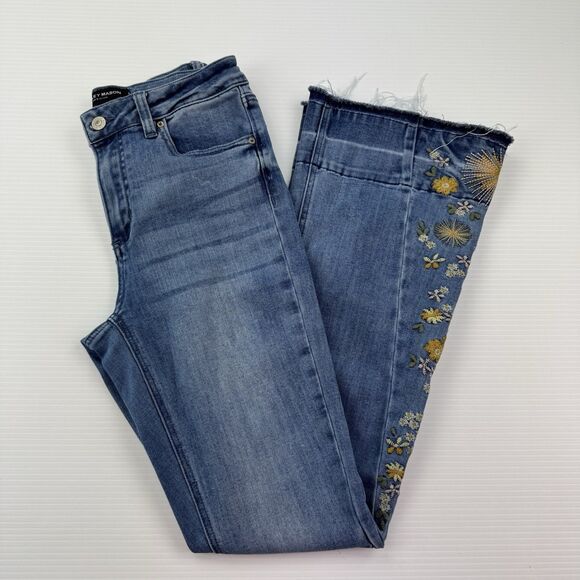 Ashley Mason Premium Jeans Sz 5/27 Flare Daisy Embroidered Raw Hem Y2K Boho - Picture 1 of 13
